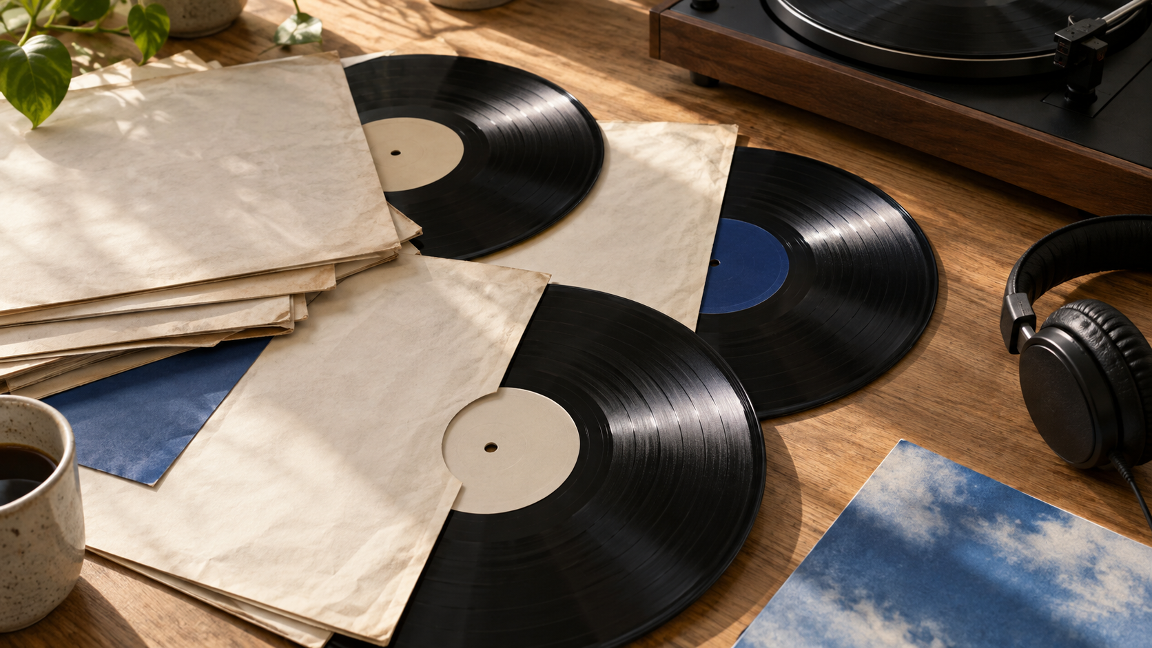 Vinyles noirs dans des pochettes crème, disposés sur un bureau d'écoute avec une platine et un casque.